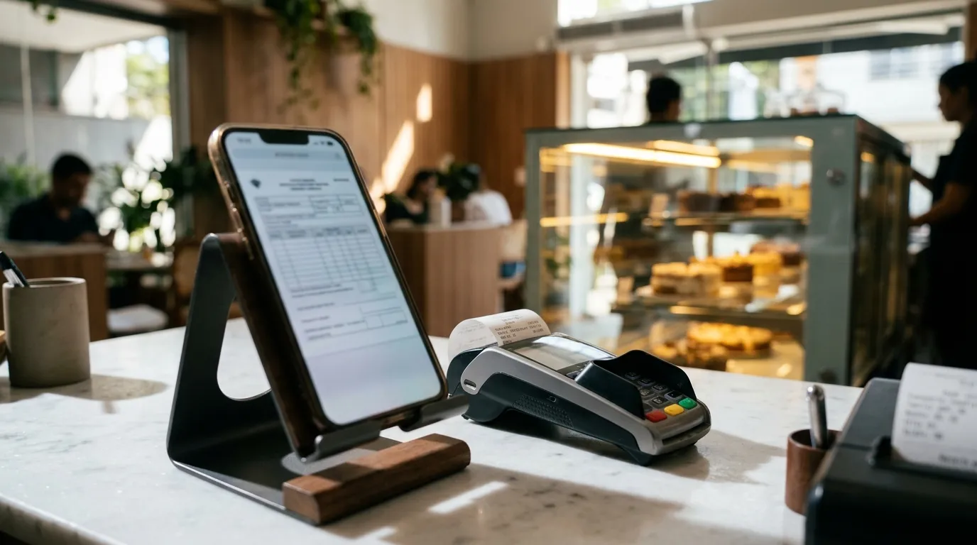 Celular num suporte ao lado da maquininha de cartão, com uma nota fiscal na tela, sobre a bancada de mármore branco de uma doceria