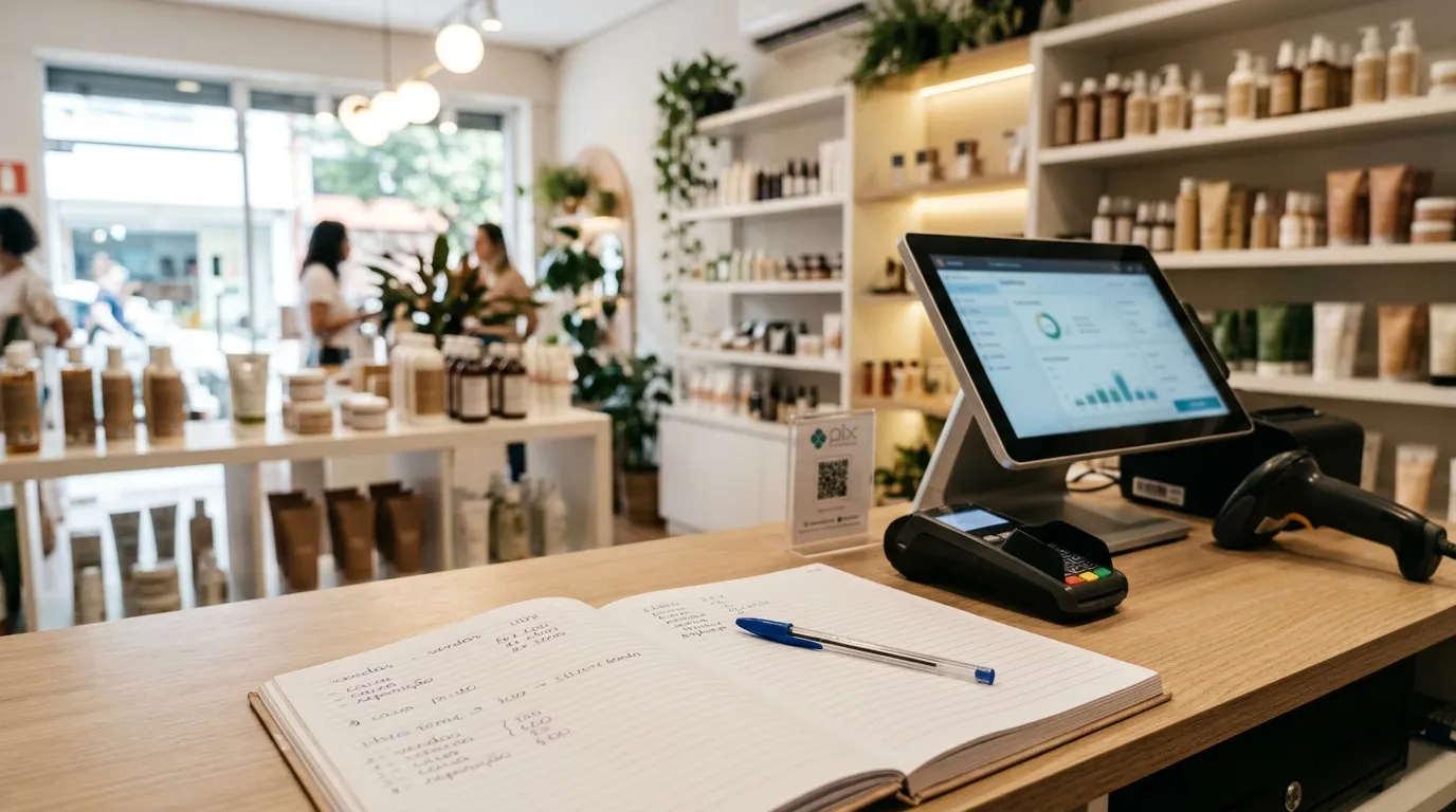 Monitor de caixa com o painel de vendas, maquininha de cartão e caderno de anotações no balcão de uma loja de cosméticos