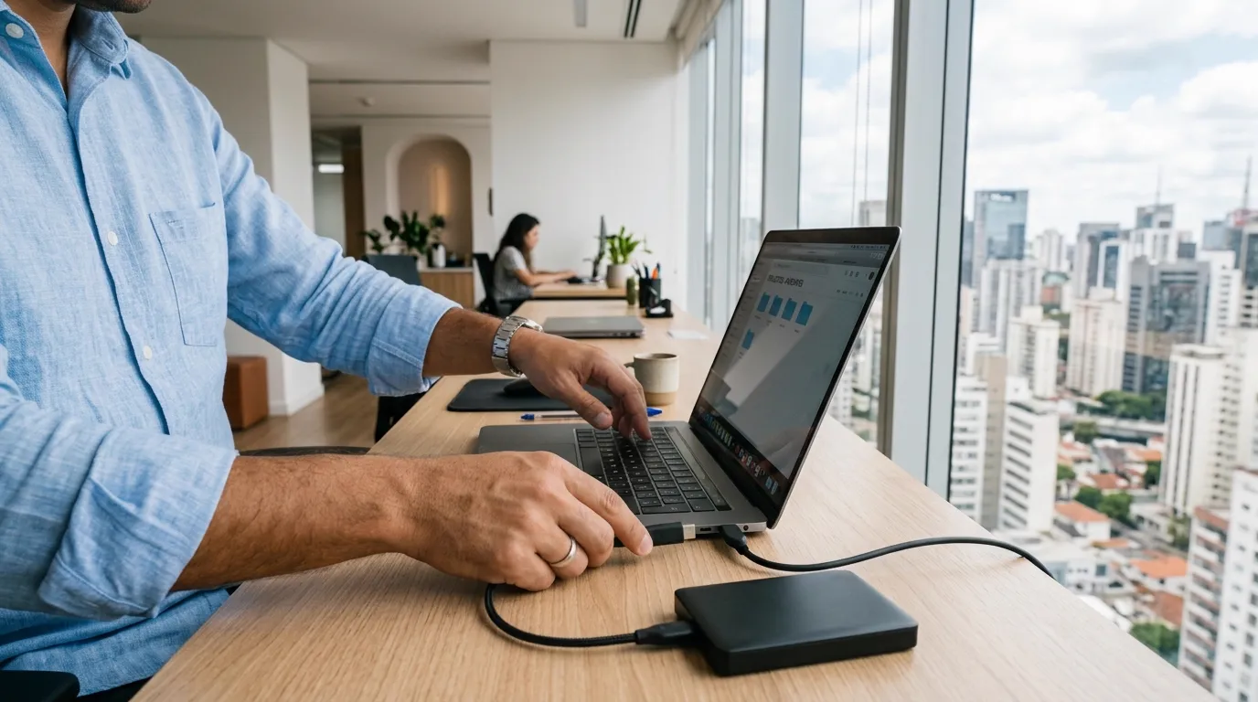 Mãos ligando um HD externo no notebook, na mesa de um escritório com janela para a cidade