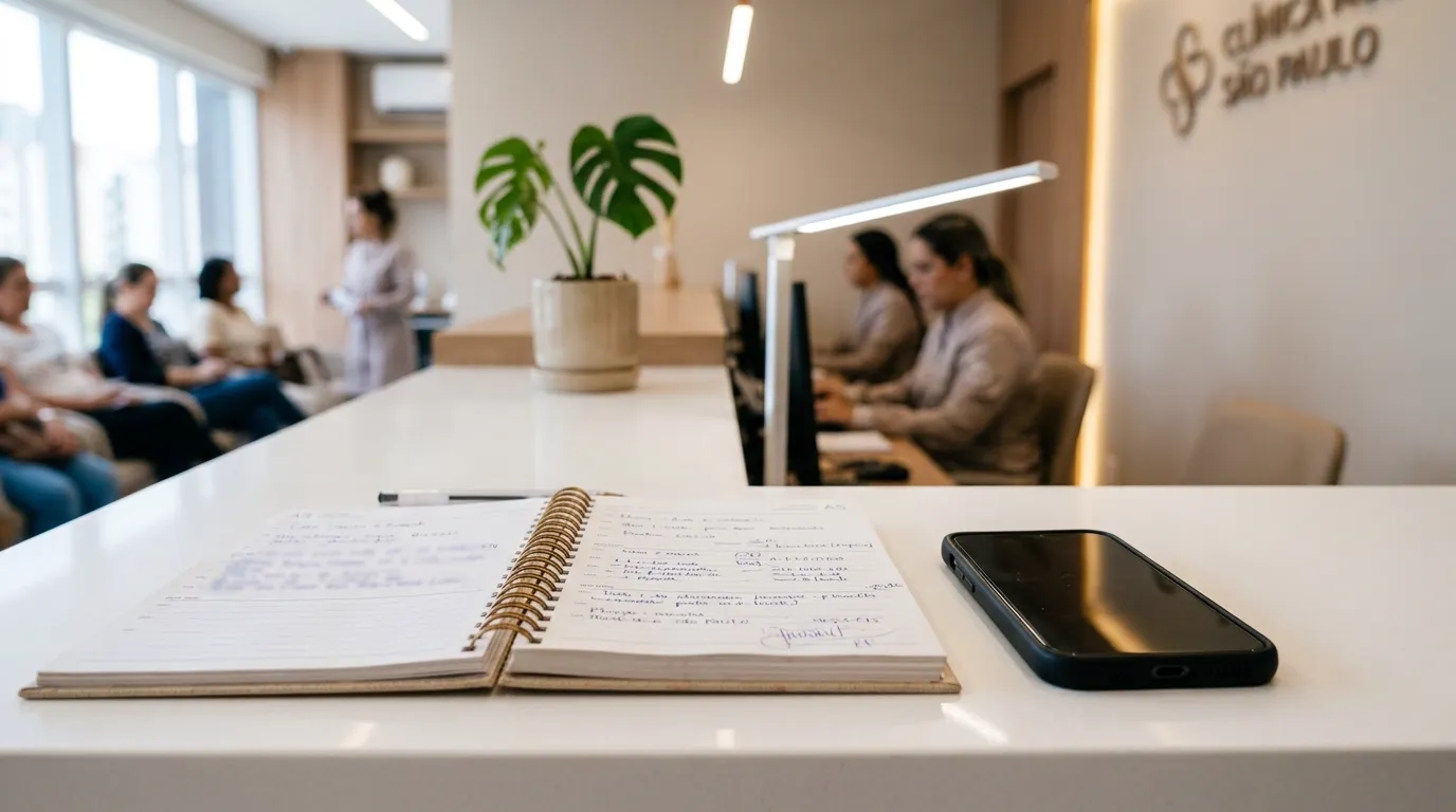 Agenda de papel aberta e celular com a tela apagada sobre o balcão branco da recepção de uma clínica