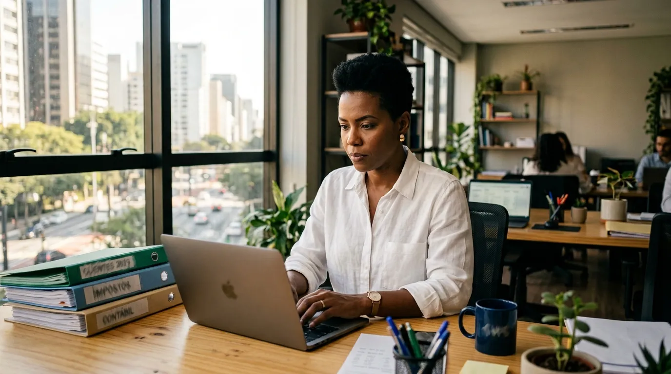 Dona de escritório de contabilidade digitando no notebook e olhando a tela com atenção