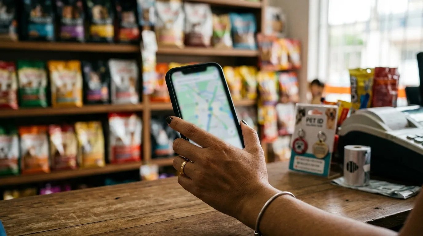 Mão segurando o celular com o mapa aberto, no balcão de um pet shop de bairro